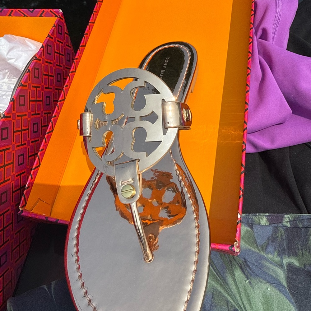 Tory Burch Rose Gold Sandals with Medallion Design